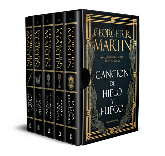 Portada de Canción de hielo y fuego: (edición limitada en estuche con: Juego de tronos | Choque de reyes | Tormenta de espadas | Festín de cuervos | Danza de dragones)
